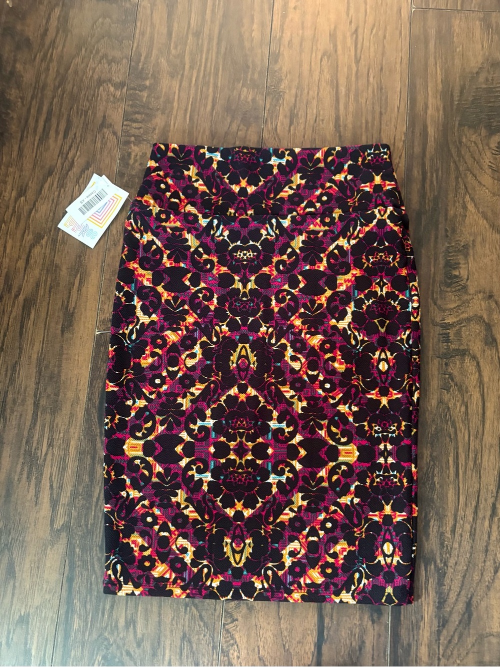 LuLaRoe Pencil Skirt in Purple, Pink, Orange and Yellow Kaleidoscope